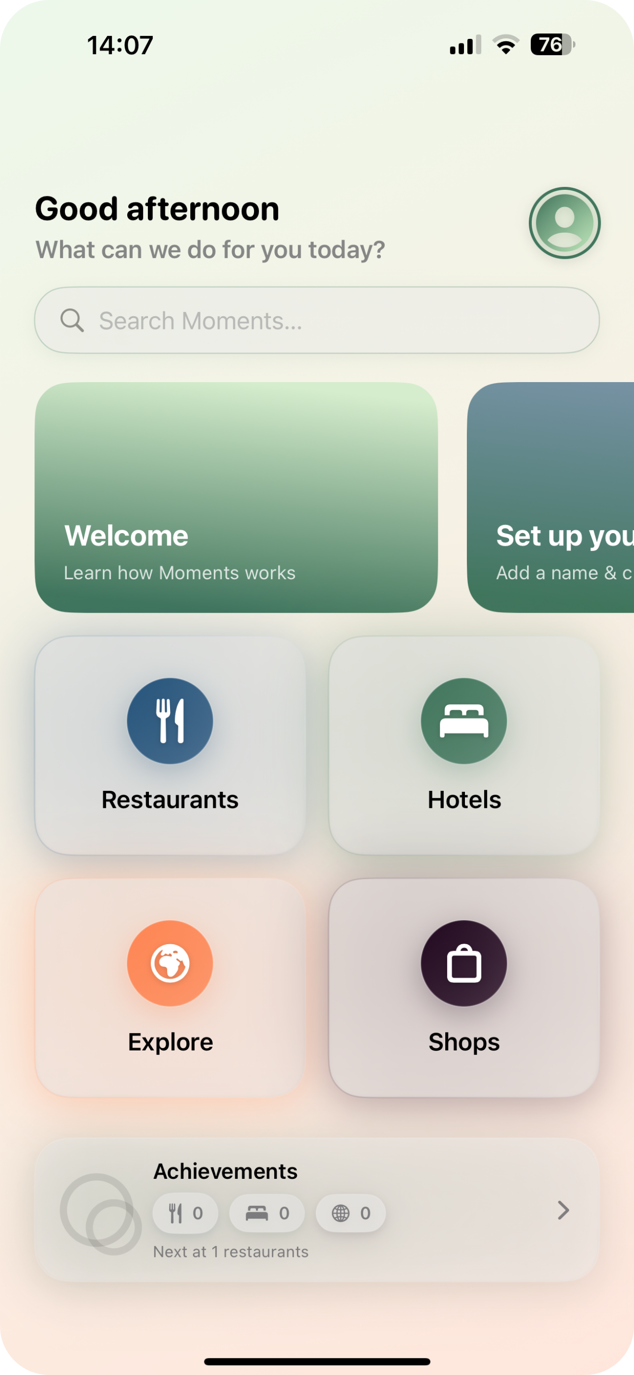 Home overview with search, quick actions, trips and achievements