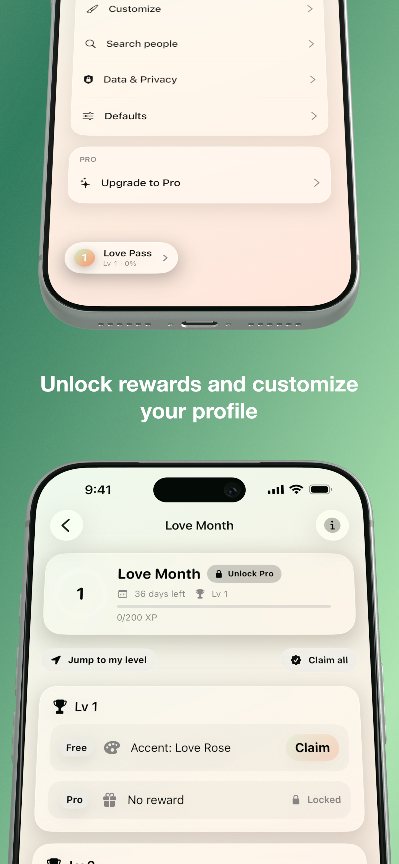 Love Pass season screen with levels and claimable rewards