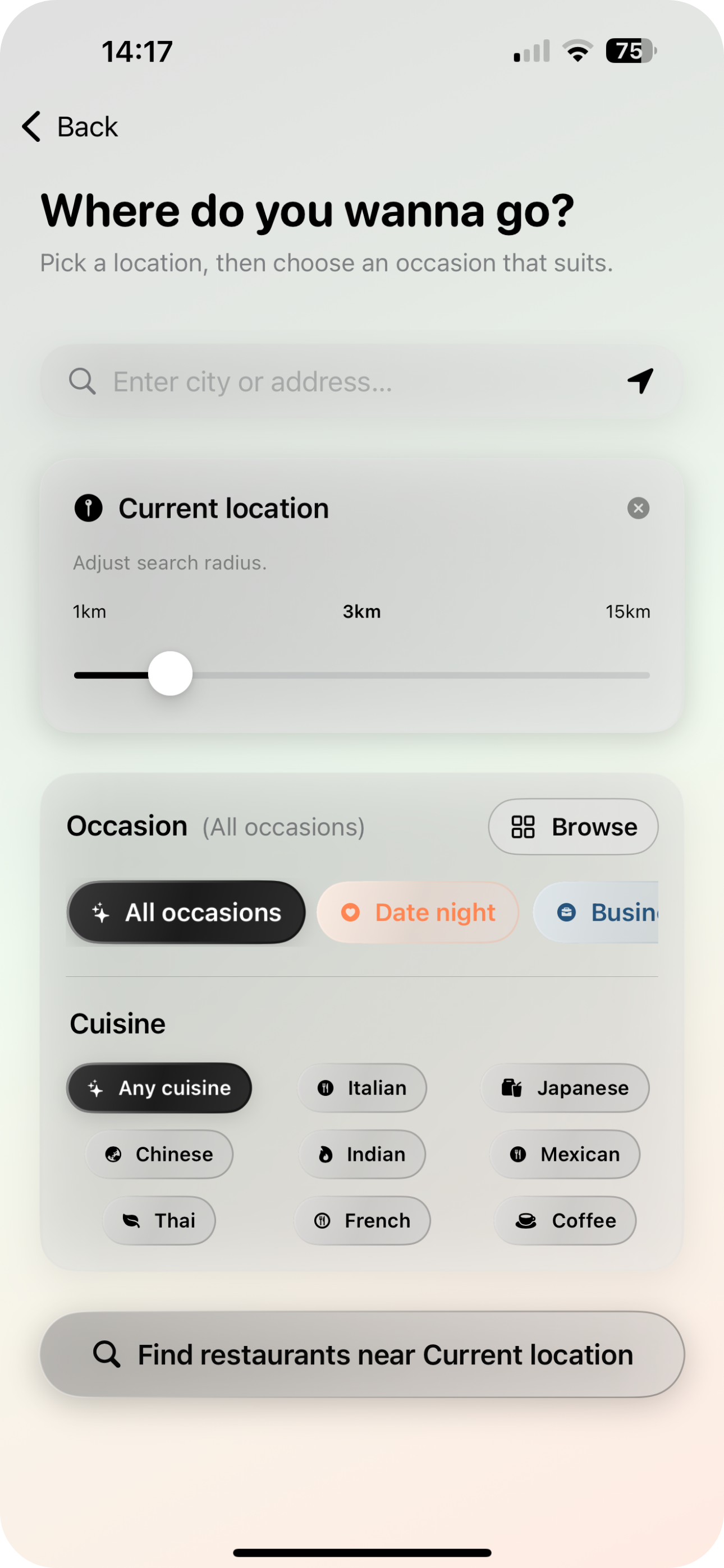 Restaurant search with location, radius, occasion and cuisine filters
