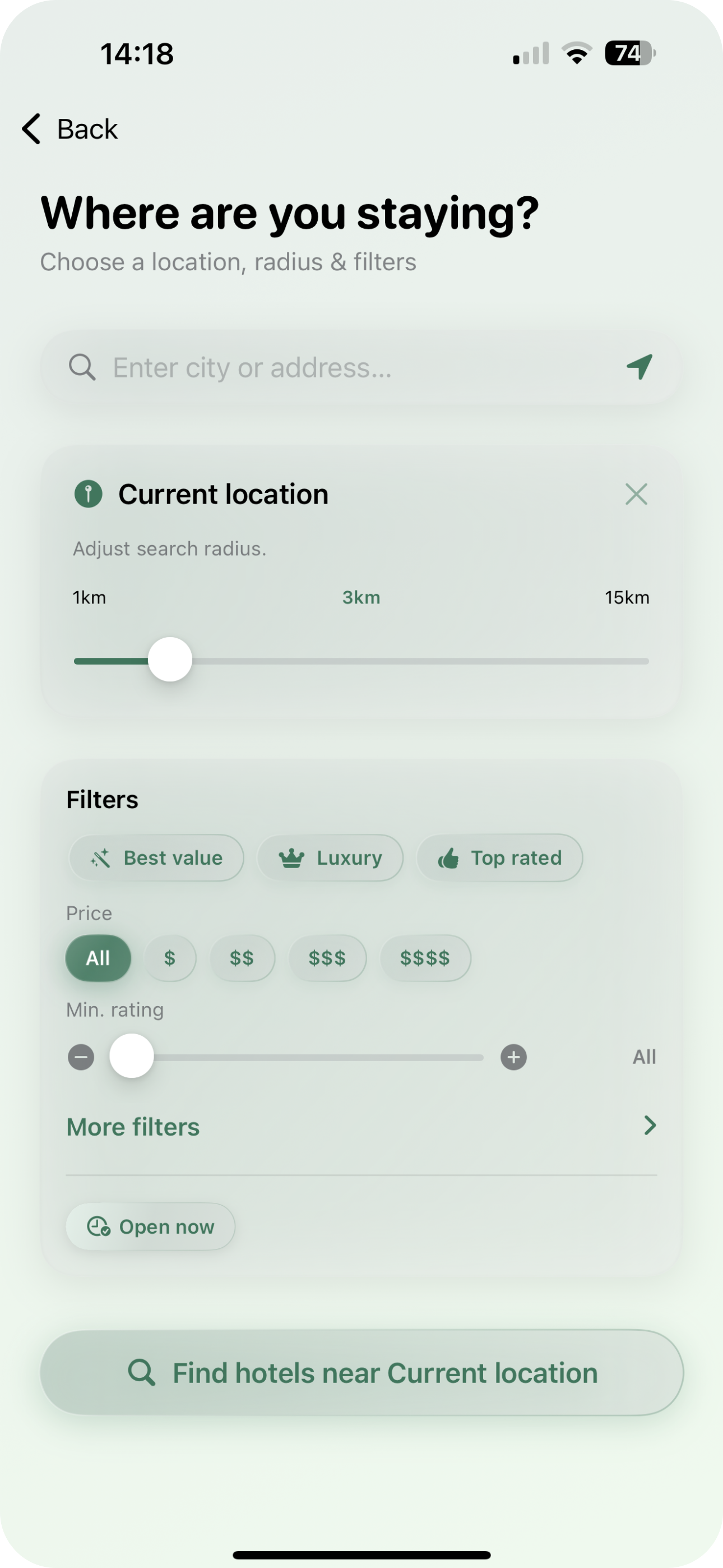 Hotel search with best value, luxury, top rated and price filters