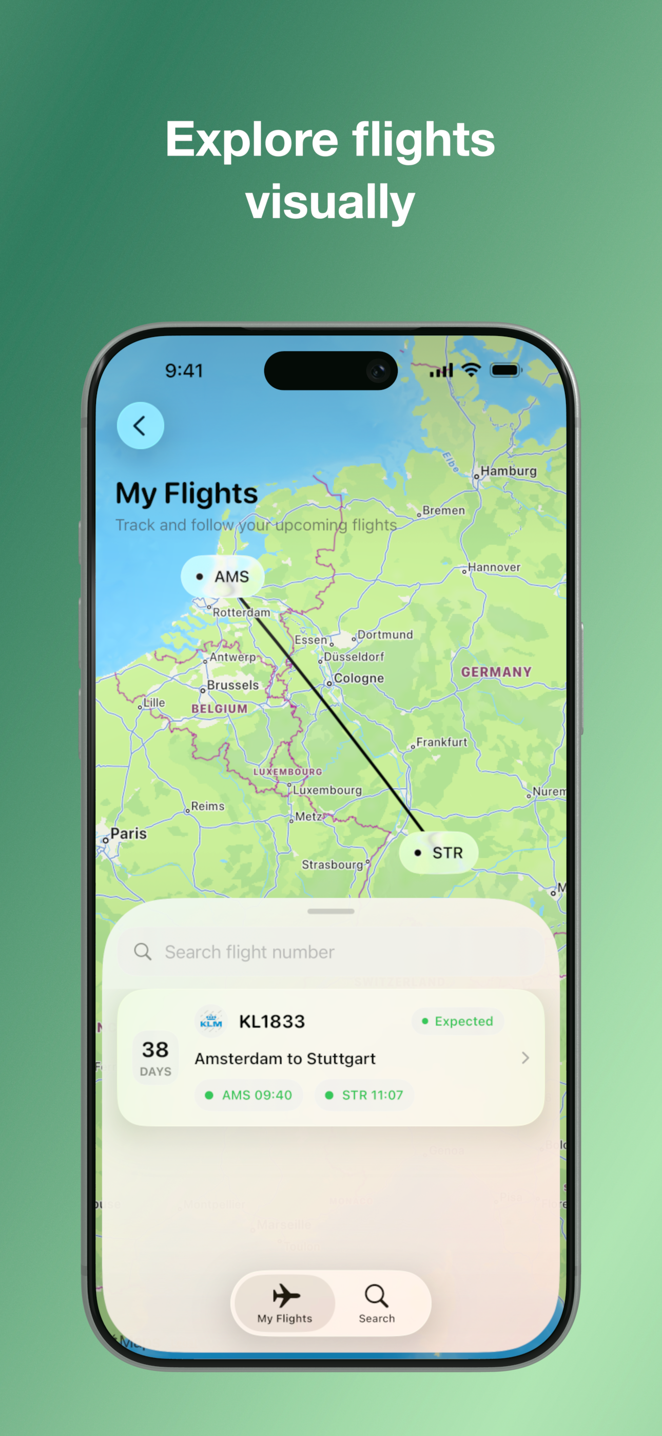 My Flights map view with route line and upcoming flight card