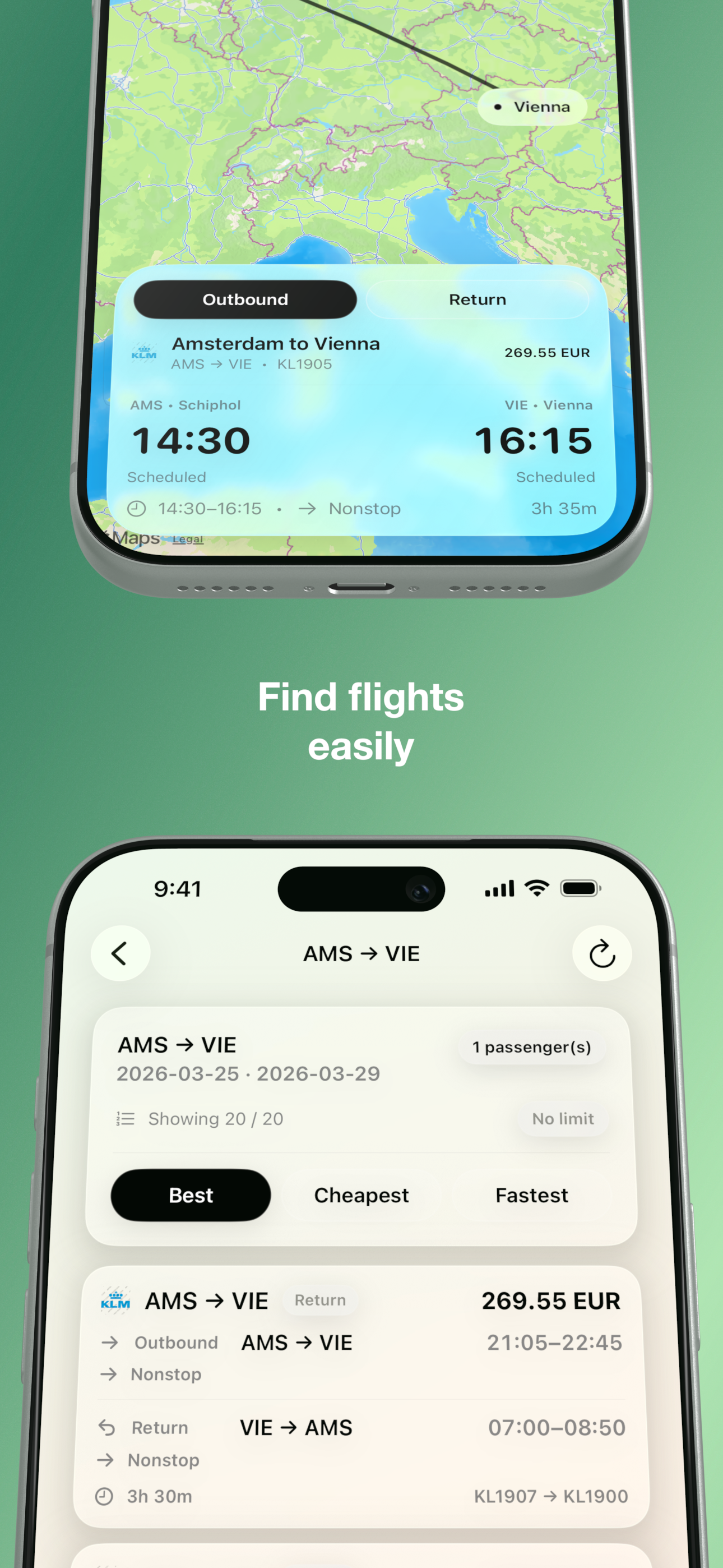 Flights list with sort options and a return flight card